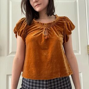 Free People Terese burnt orange velvet blouse with puffed short sleeves